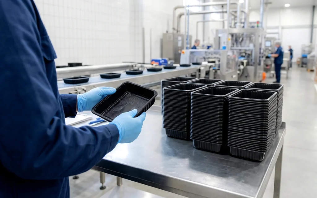 Worker wearing gloves inspecting a black plastic food tray for quality control in a clean packaging production workshop.