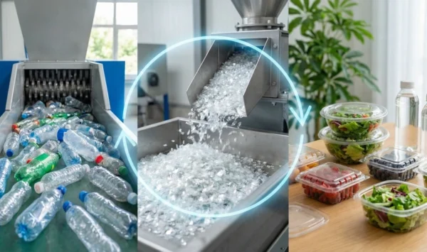 A 3-step sequence of plastic bottle recycling into food-grade rPET containers.