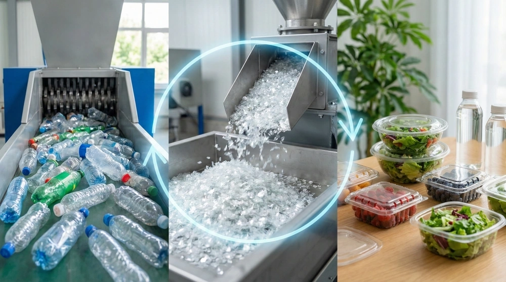 A 3-step sequence of plastic bottle recycling into food-grade rPET containers.