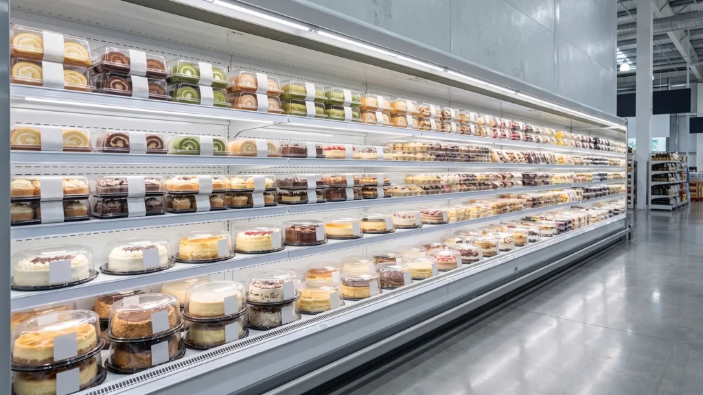 Assorted cakes and pastries in clear plastic bakery food packaging displayed in a supermarket refrigerated open showcase.