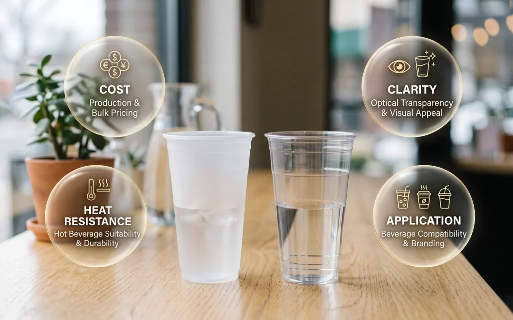 Side-by-side comparison of a translucent PP cup and an ultra-clear PET cup on a wooden table, surrounded by four infographic bubbles highlighting Cost, Clarity, Heat Resistance, and Application.