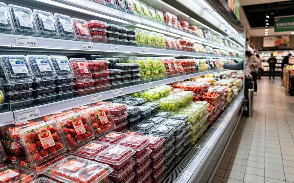 Pre-packaged fresh fruit stacked in clear plastic containers on bright supermarket shelves.