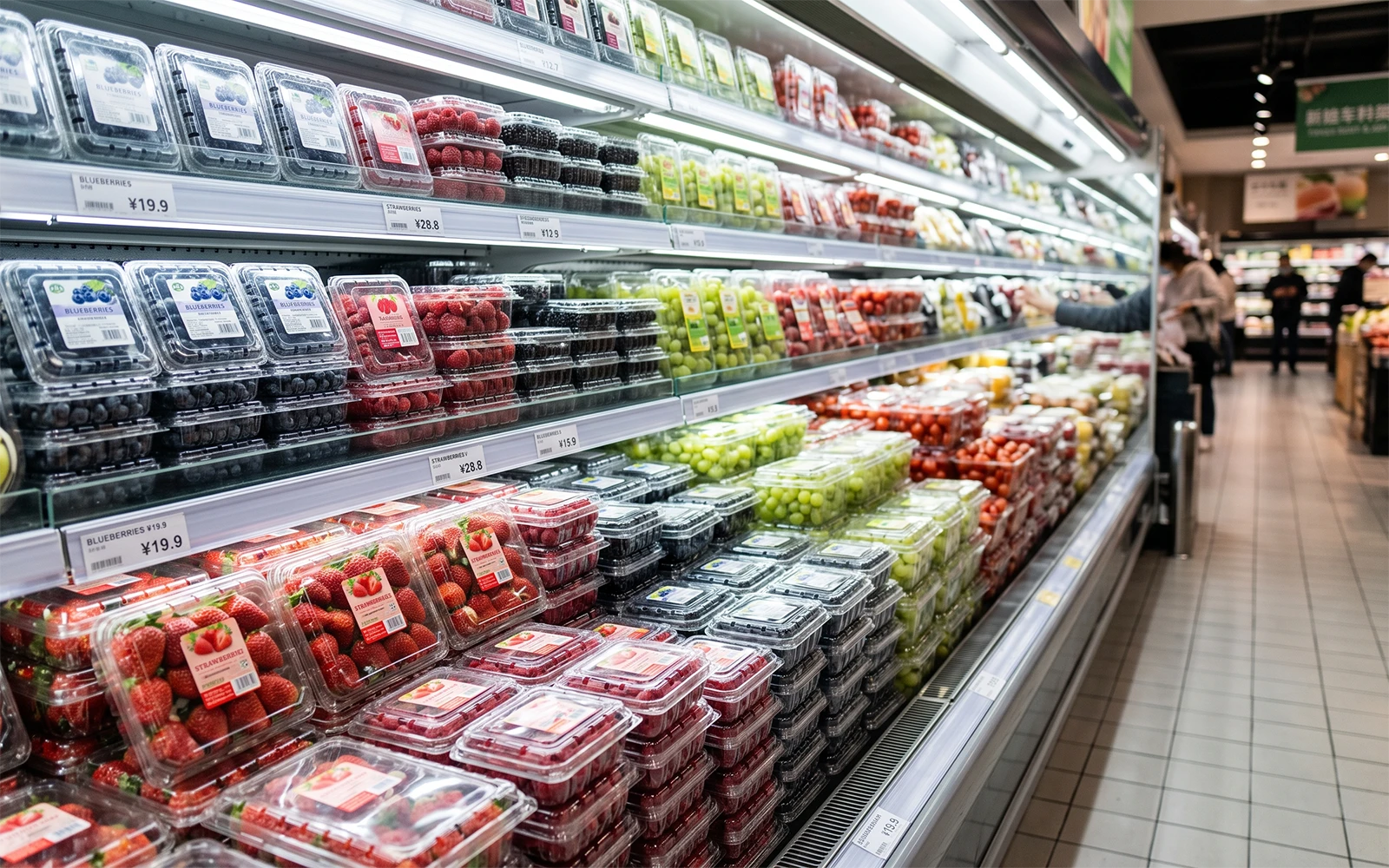 Pre-packaged fresh fruit stacked in clear plastic containers on bright supermarket shelves.