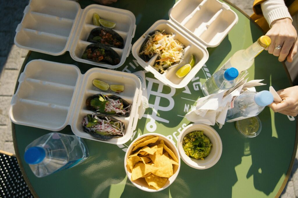 Disposable food packaging is often used when dining out