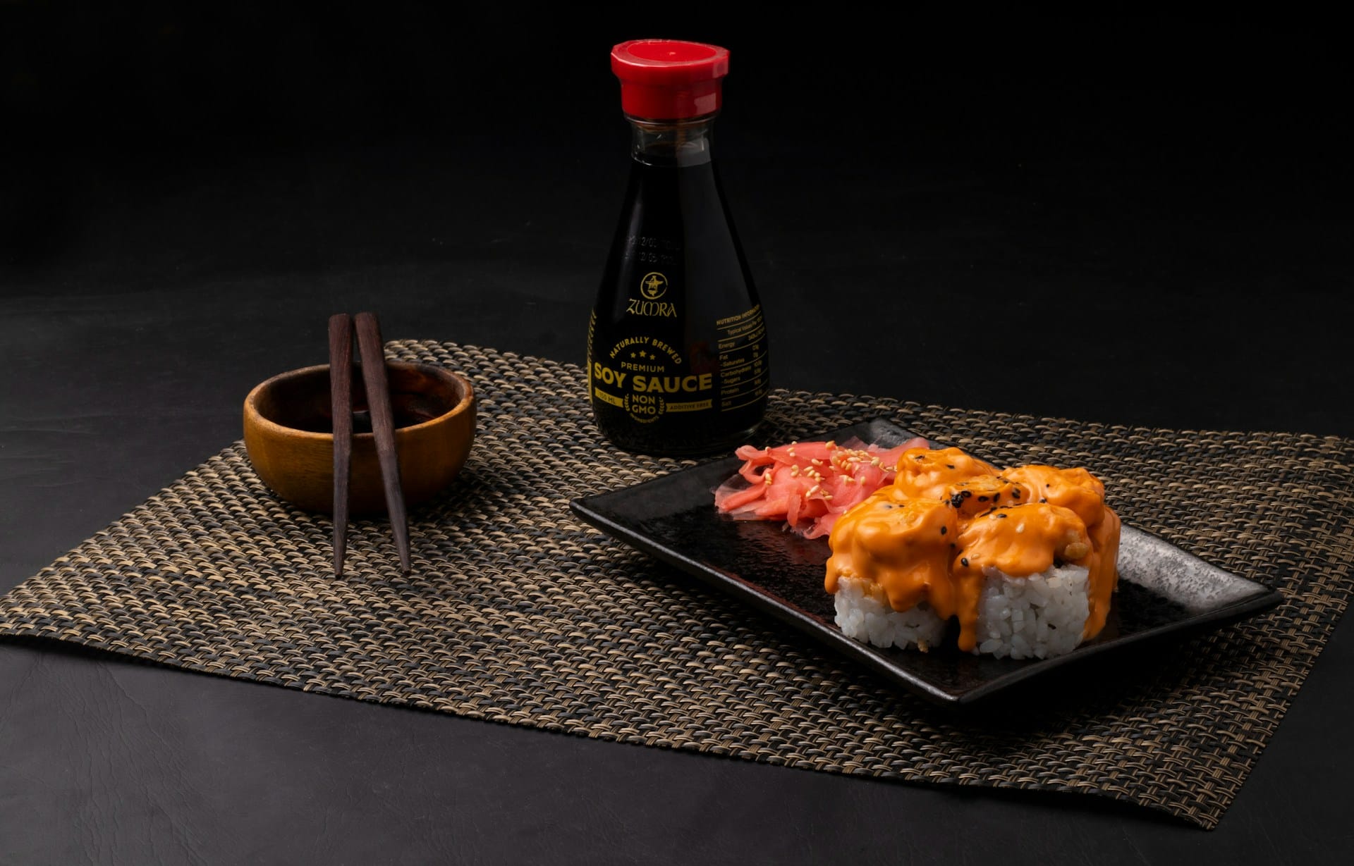 Sushi and exquisite tableware are arranged on the dining table