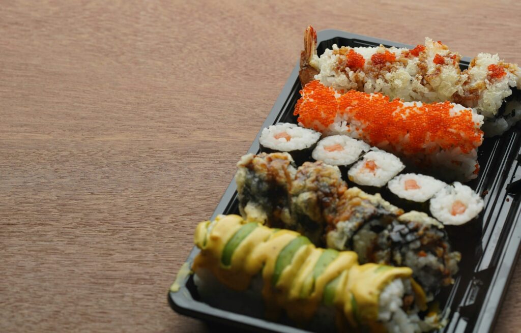 Sushi packed in a plastic tray