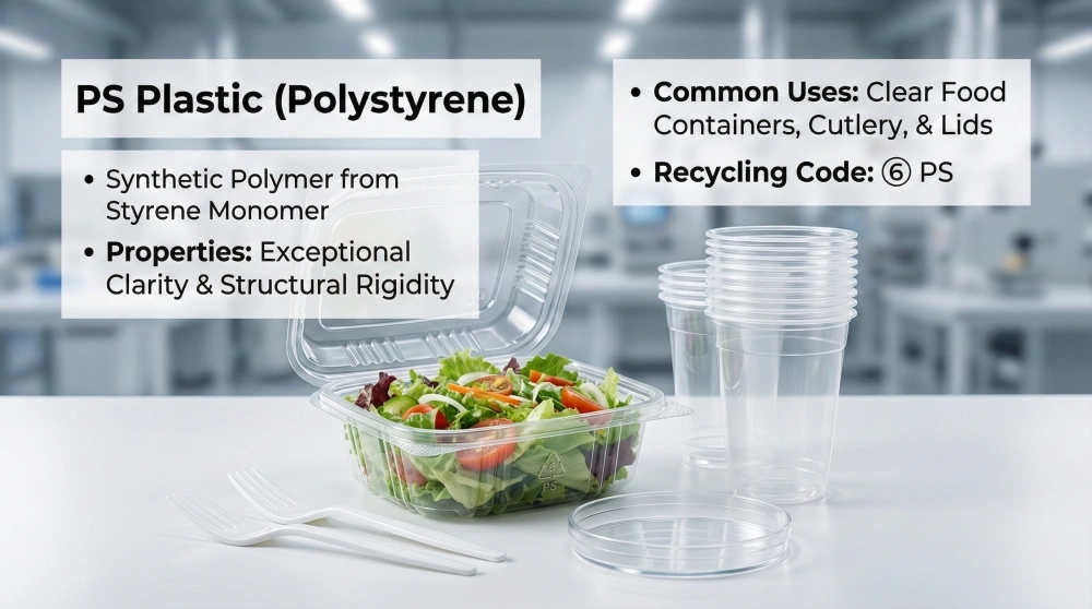 A high-clarity PS plastic food container with salad, clear disposable cups, and white cutlery on a clean laboratory-style table, highlighting structural rigidity and the number 6 recycling code.
