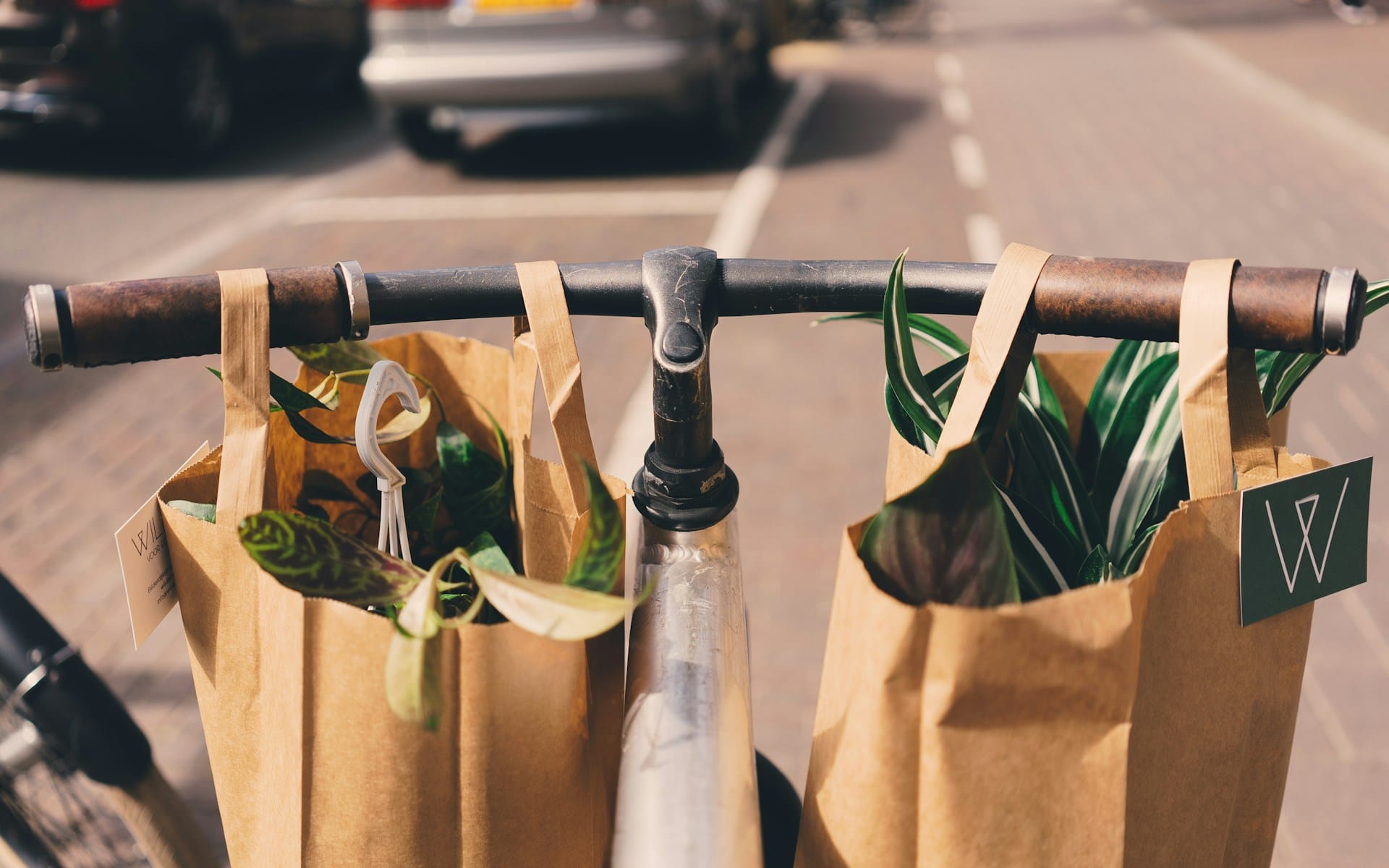 Kraft Paper Bag Hanging on a Bicycle Handlebar