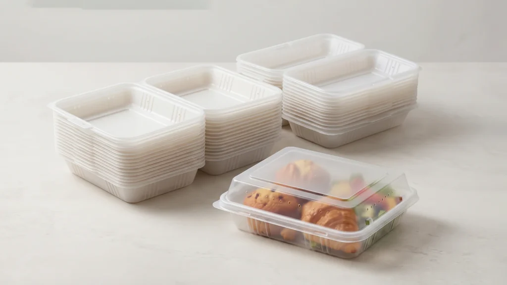 Two stacks of open clamshell takeout boxes next to a closed, filled container.