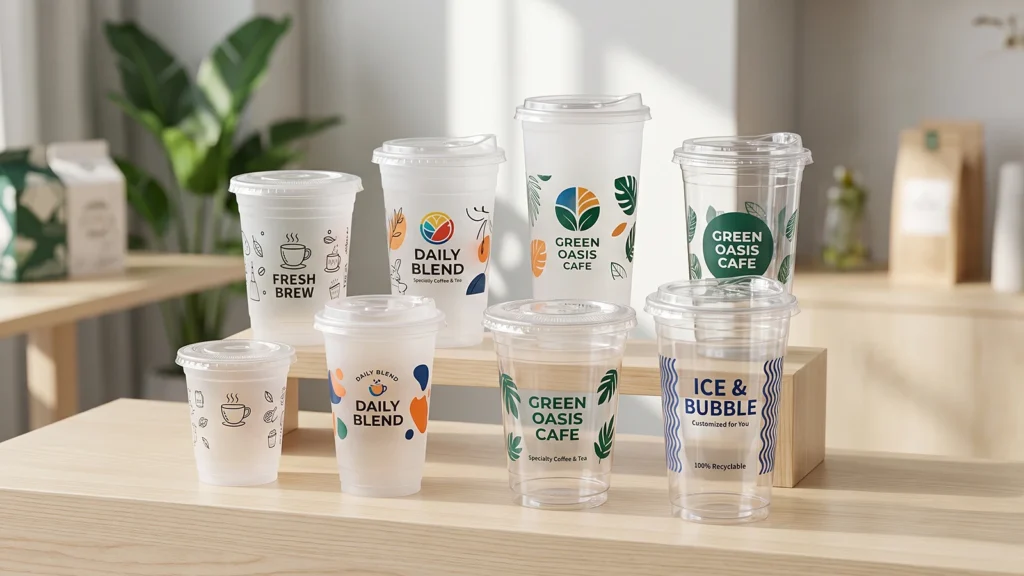 Various sizes of custom printed PP and PET plastic cups showcasing branded logos for bulk orders.