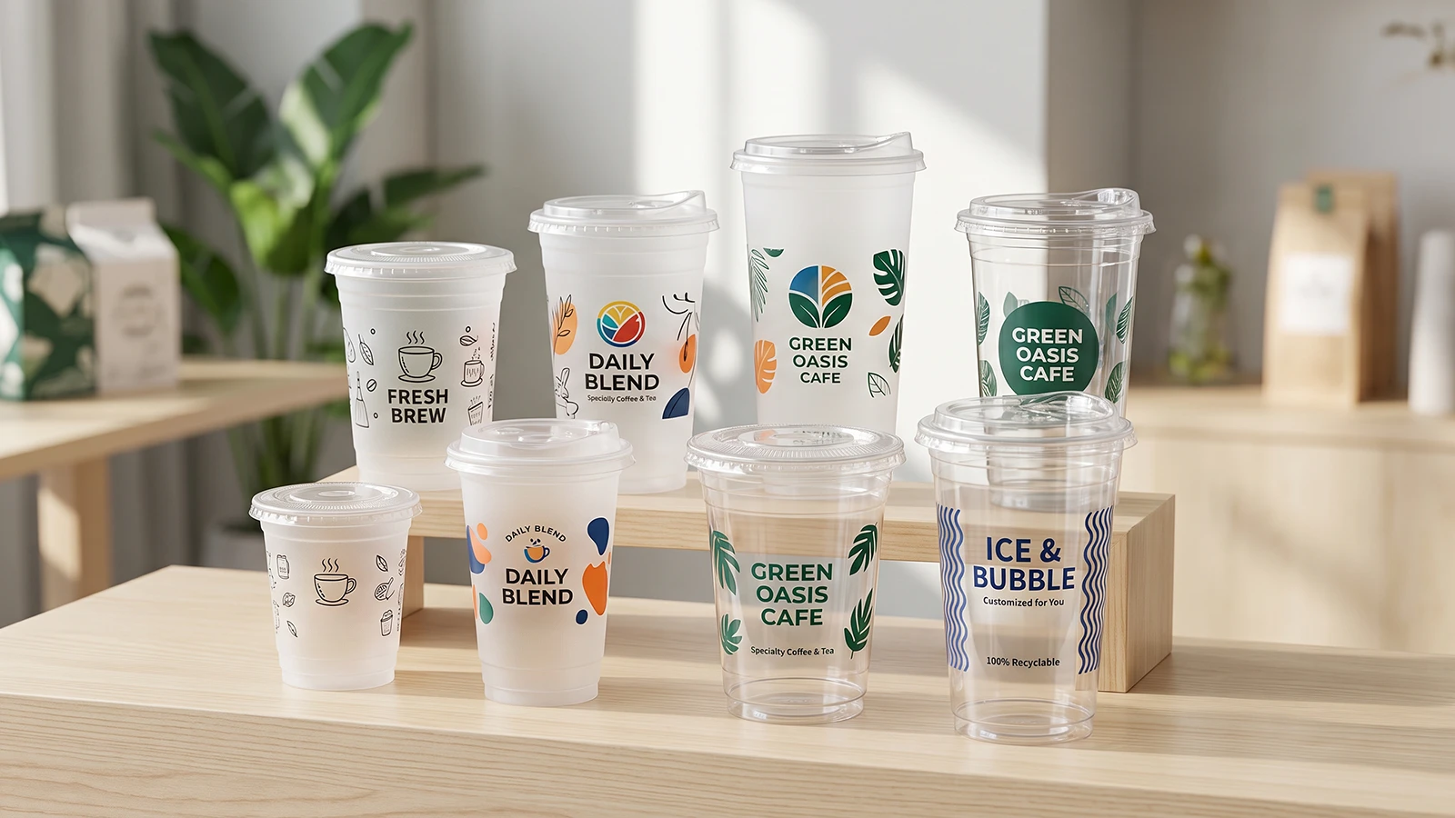 Various sizes of custom printed PP and PET plastic cups showcasing branded logos for bulk orders.