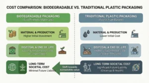 Cost comparison bar chart between biodegradable packaging and traditional plastic packaging.