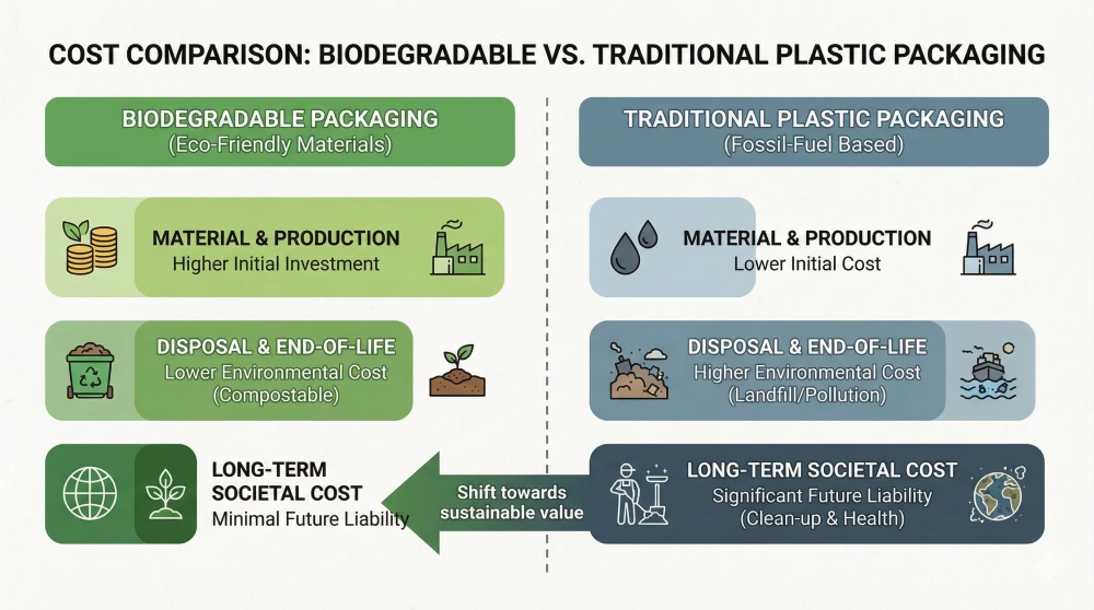 Cost comparison bar chart between biodegradable packaging and traditional plastic packaging.