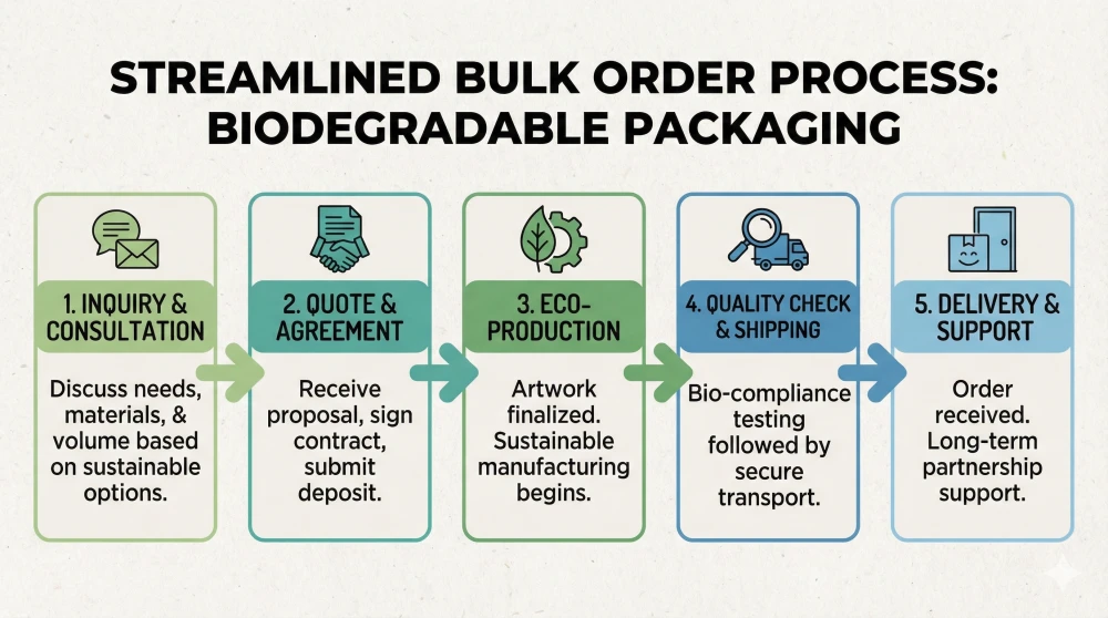Step-by-step bulk ordering process for biodegradable packaging solutions.