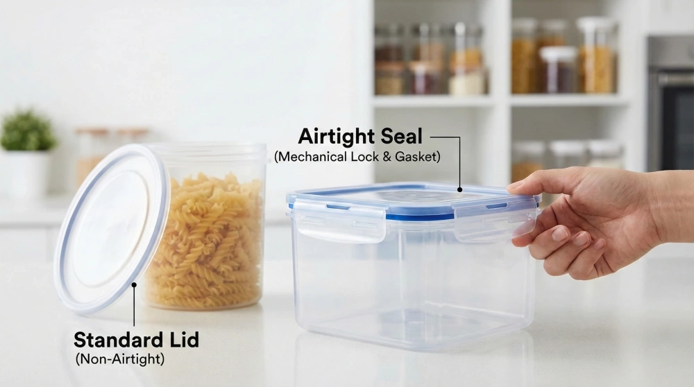 Comparison of a standard plastic container and an air tight container with blue gaskets and mechanical latches.