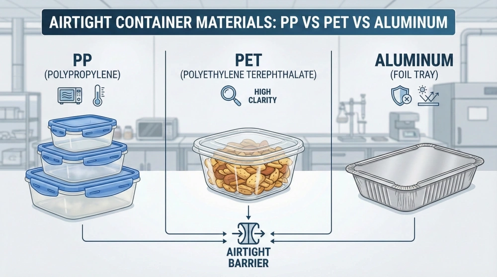 A technical infographic comparing three types of air tight container materials: heat-resistant PP with latches, high-clarity PET for snacks, and absolute-barrier aluminum foil trays.