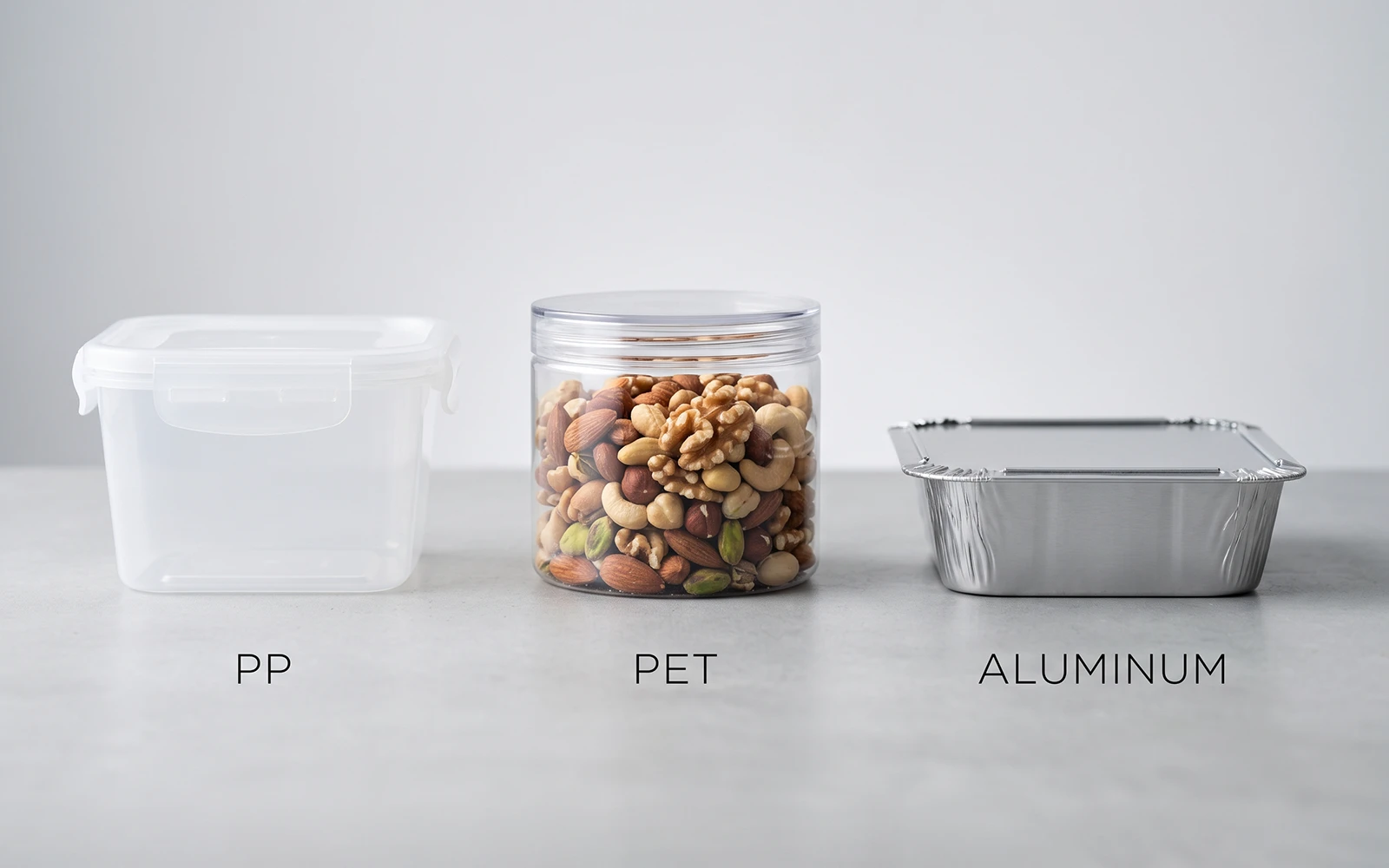 Comparison of PP, PET, and aluminum airtight food containers lined up on a neutral surface.