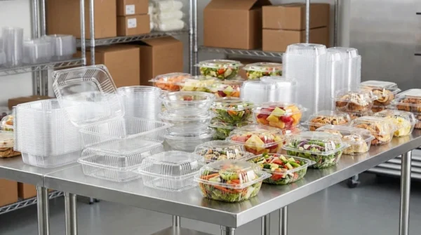 Stacks of clear ps plastic food containers and salad bowls on a commercial prep table in a warehouse setting.