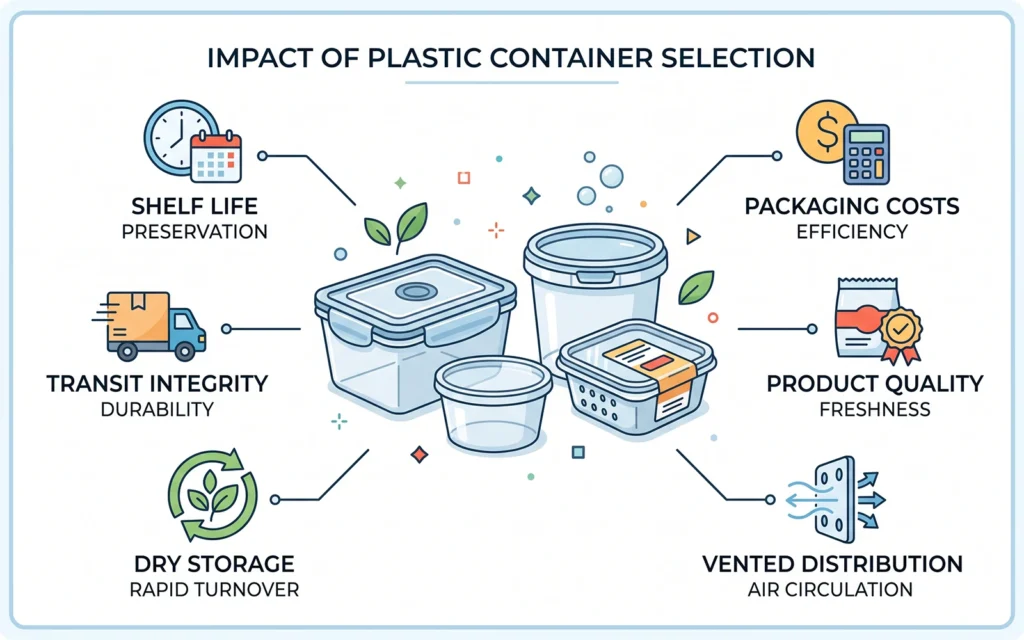 Infographic showing how plastic food container choices impact shelf life, transit integrity, and packaging cost.