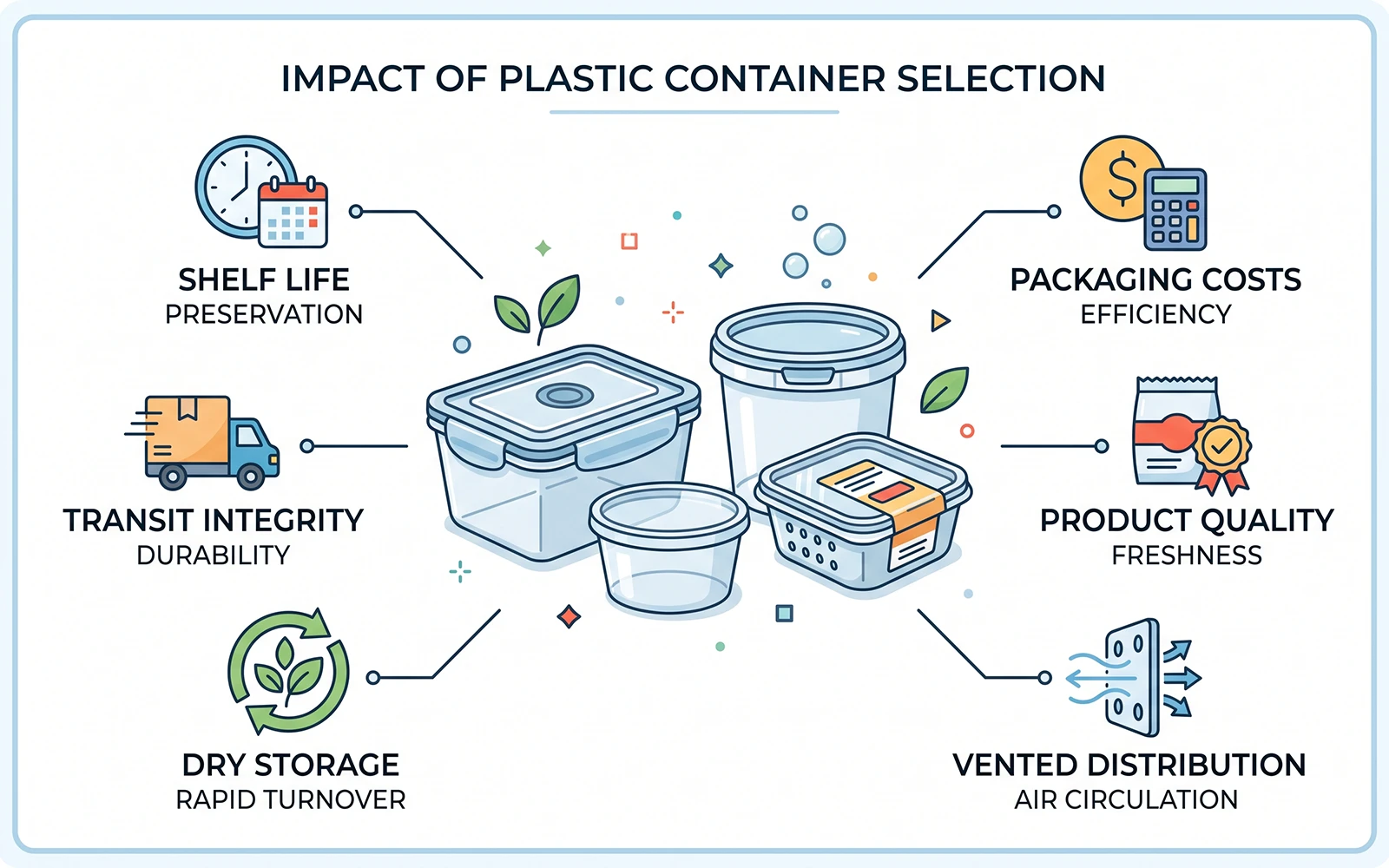 Infographic showing how plastic food container choices impact shelf life, transit integrity, and packaging cost.