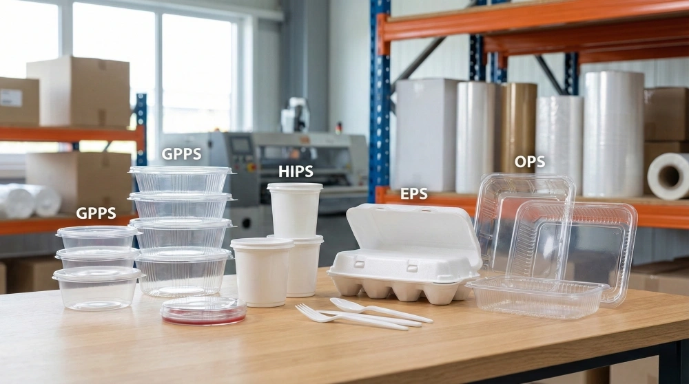 Various types of ps plastic packaging displayed on a table, including crystal clear GPPS bowls, white HIPS cups, foamed EPS lunch boxes, and rigid OPS trays in a warehouse setting.