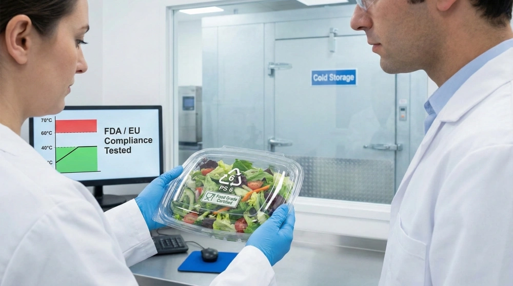 Two quality control experts in a laboratory inspecting a PS plastic salad container with a visible number 6 recycling symbol and food grade certification, while a monitor displays FDA and EU compliance temperature charts.