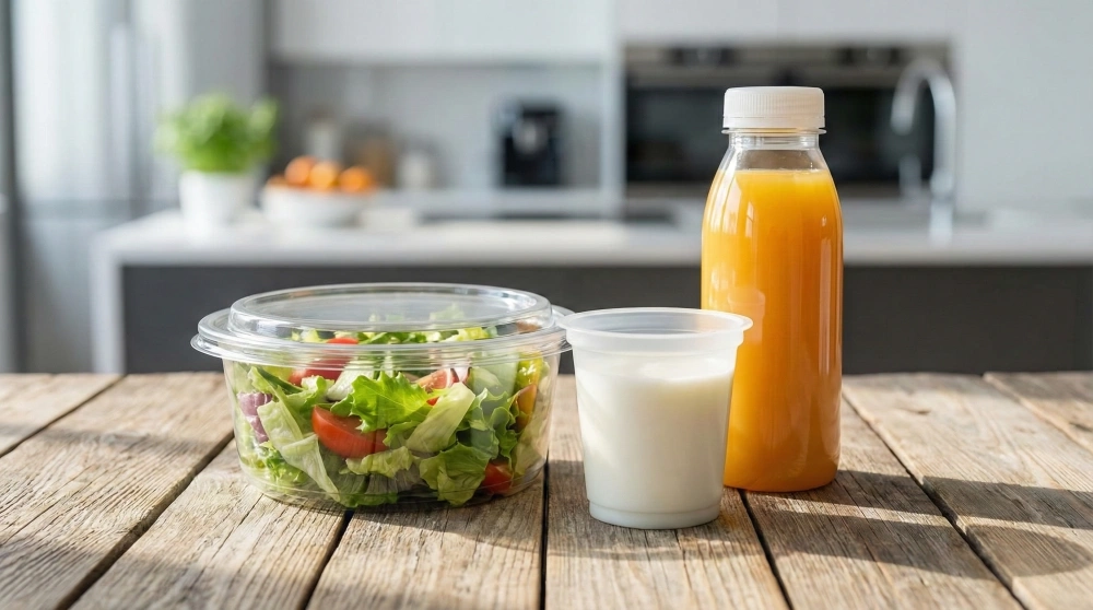 A side-by-side comparison of different food packaging materials on a wooden table, featuring a clear ps plastic salad bowl, a semi-translucent PP yogurt cup, and a transparent PET juice bottle.