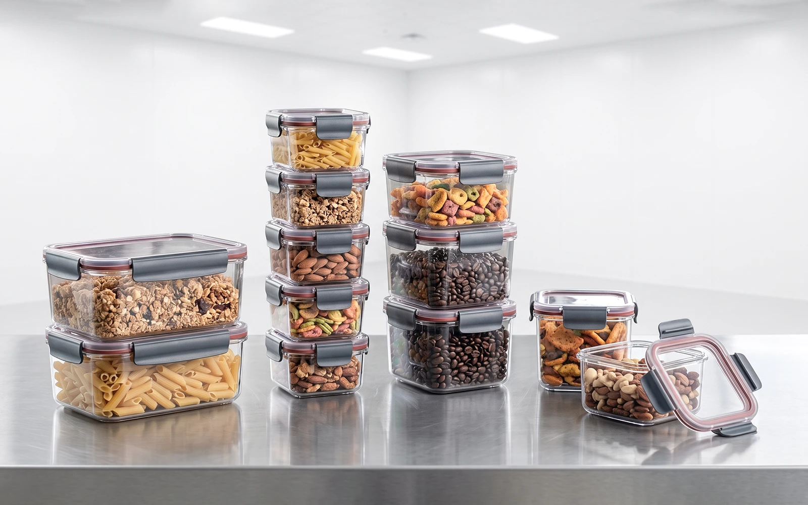 Clear stackable airtight food packaging containers with silicone seals on a stainless steel surface.