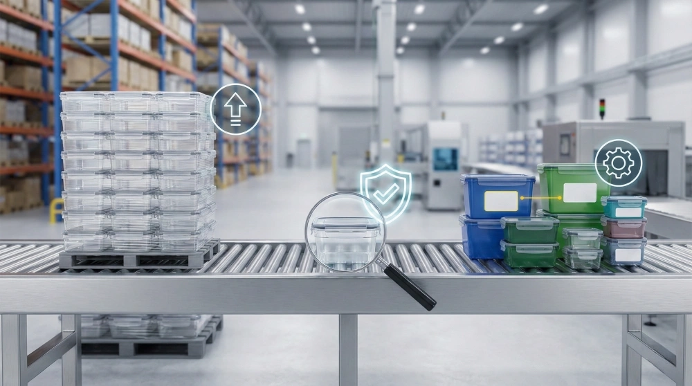 Industrial air tight container logistics showing pallet stackability and customized food packaging on a conveyor belt.