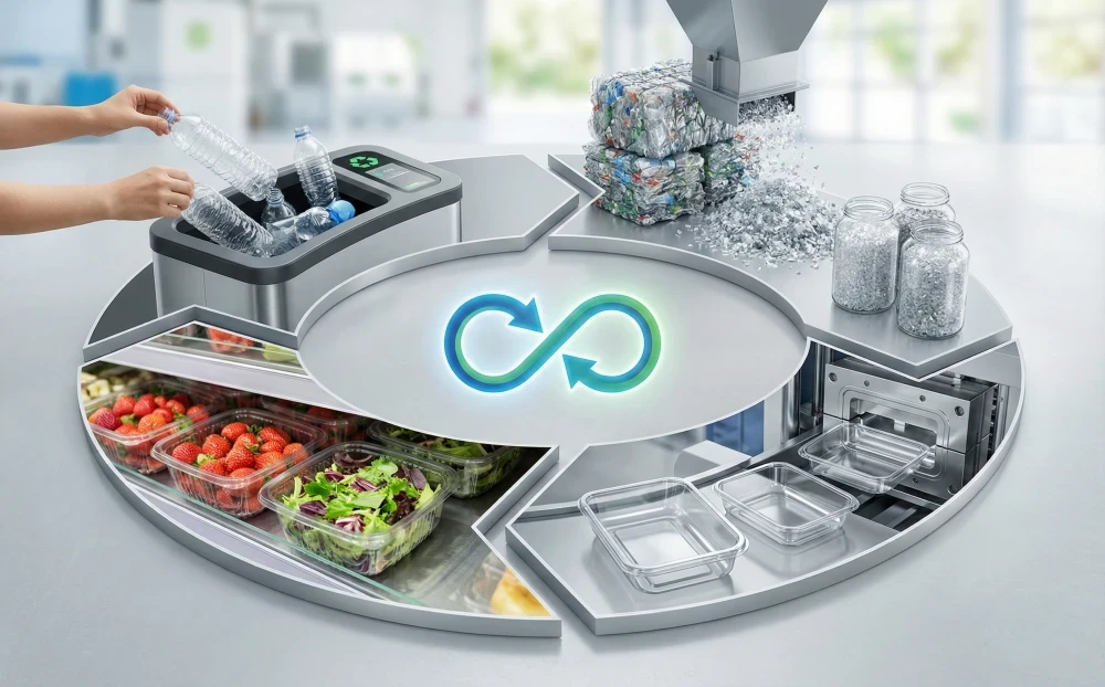 Infographic of a closed-loop system showing PET bottle collection, flake processing, and finished rPET food trays.