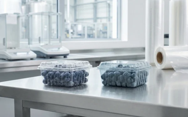 Two plastic fruit containers filled with blueberries on a stainless steel industrial table, comparing the clarity and texture of virgin PET versus rPET packaging.