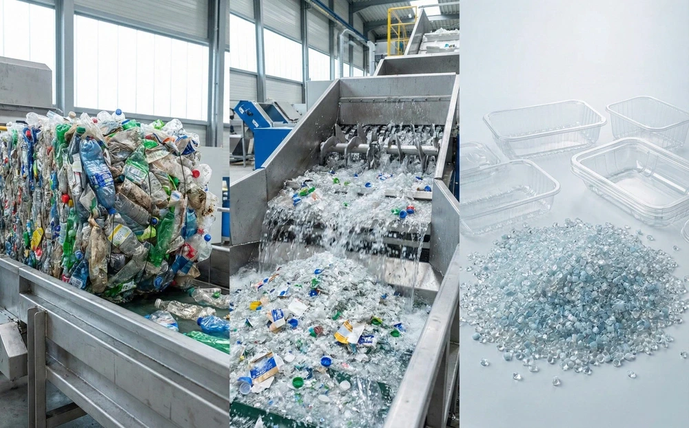 Three-part collage showing PET bottle bales, the caustic washing process, and finished food-grade rPET pellets.
