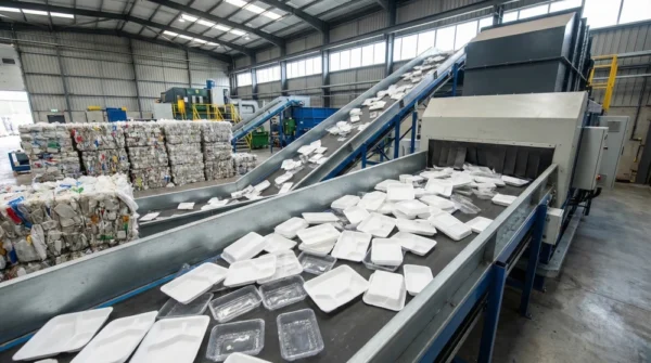 Industrial conveyor belt sorting ps plastic food trays for recycling and densification.