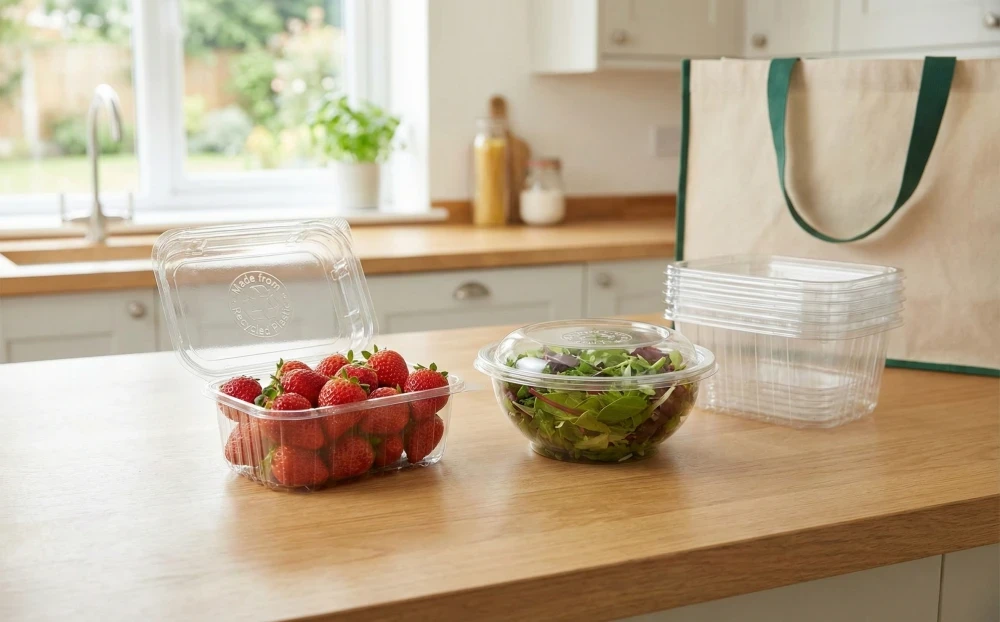 Fresh strawberries and salad in clear rPET containers on a wooden kitchen counter next to a reusable shopping bag.