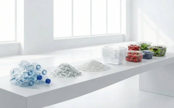 A visual progression of the rPET recycling process on a clean white surface, showing used PET bottles, recycled plastic flakes, pellets, and finished food-grade containers filled with fresh fruit.