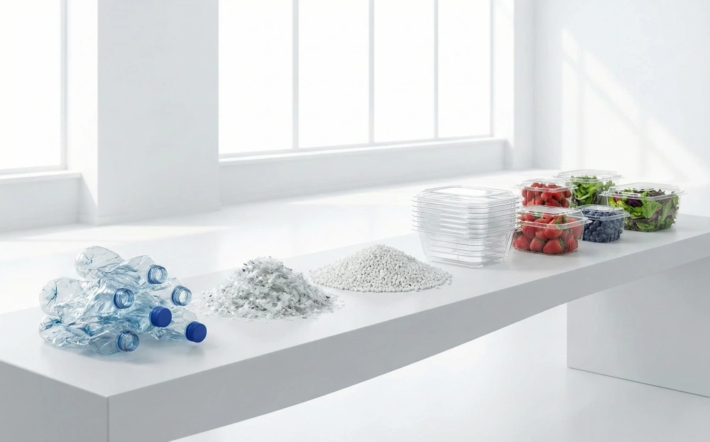 A visual progression of the rPET recycling process on a clean white surface, showing used PET bottles, recycled plastic flakes, pellets, and finished food-grade containers filled with fresh fruit.