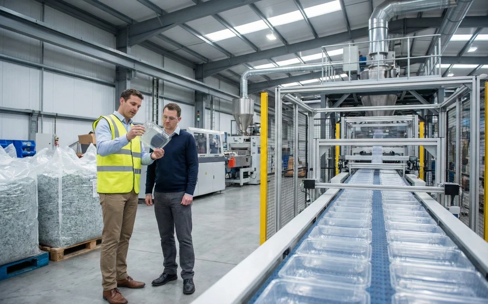 Procurement officer and manager inspecting a clear rPET food container at a high-volume production facility.