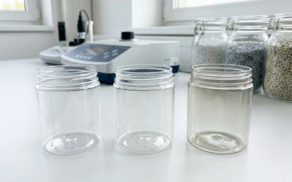 Three clear plastic jars showing different rPET recycled content levels on a white laboratory table with testing equipment and raw polymer resin jars in the background.