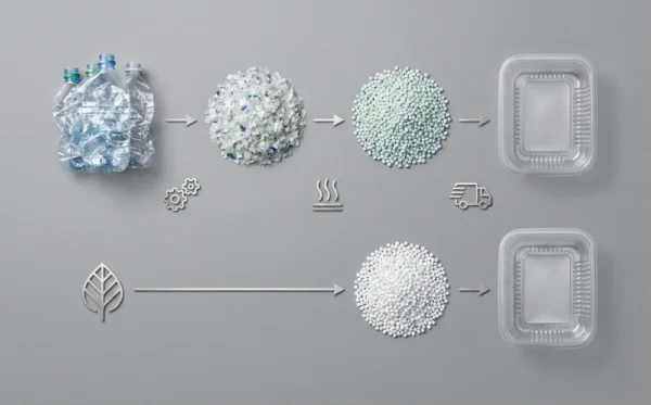 Infographic comparing the complex rpet recycling stages with the direct virgin pet production process on a gray background.