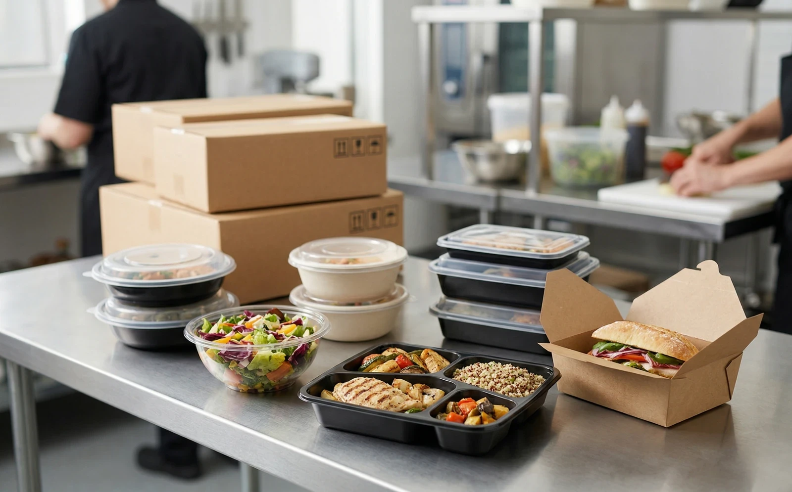 Bulk food container variety including plastic bento boxes, paper bowls, and takeout packaging for wholesale.