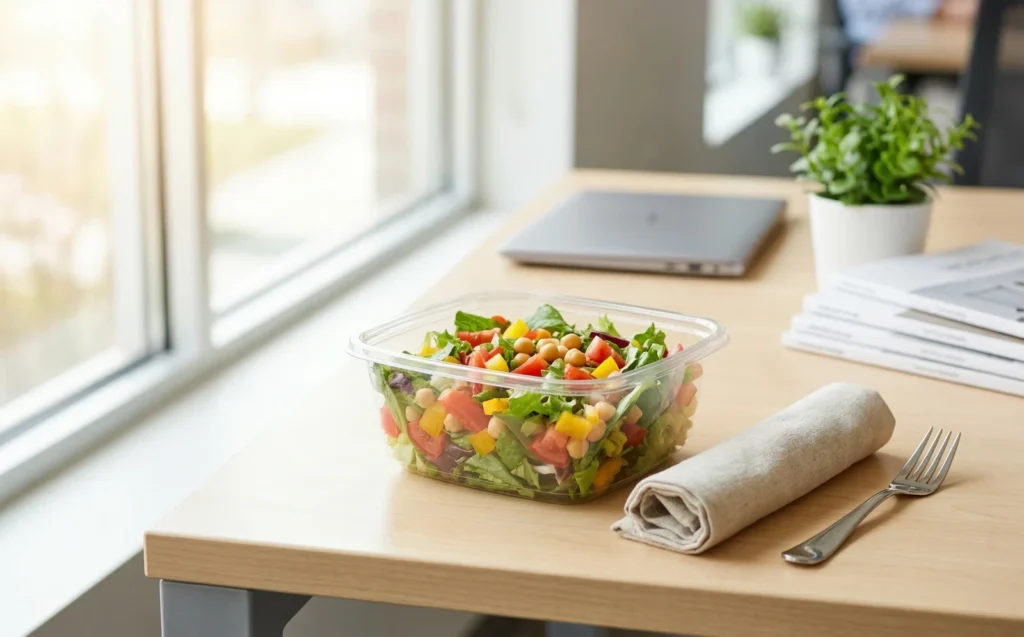 A clear rPET salad container on a bright office desk, showing sustainable packaging in a real-world setting.