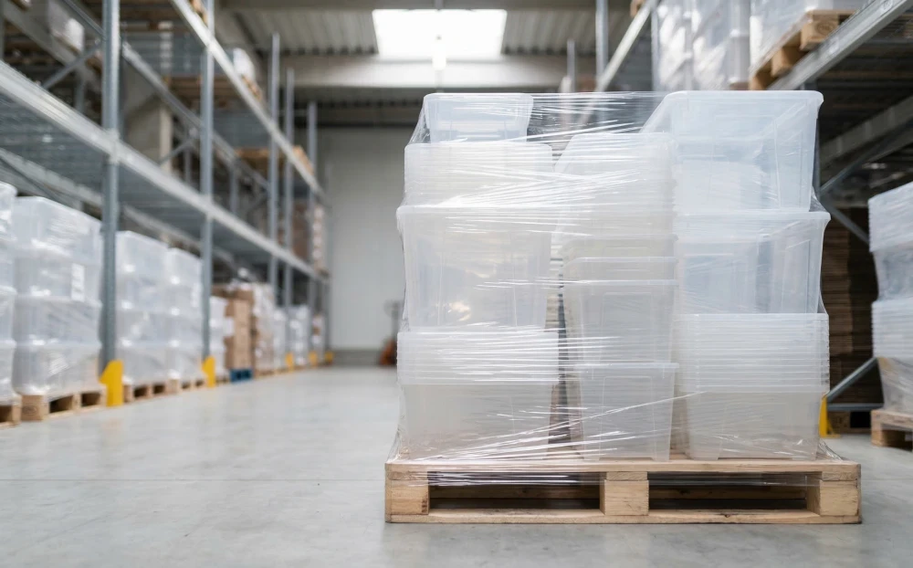 Stacked clear plastic containers on a wooden pallet in a warehouse for bulk distribution and cost efficiency.