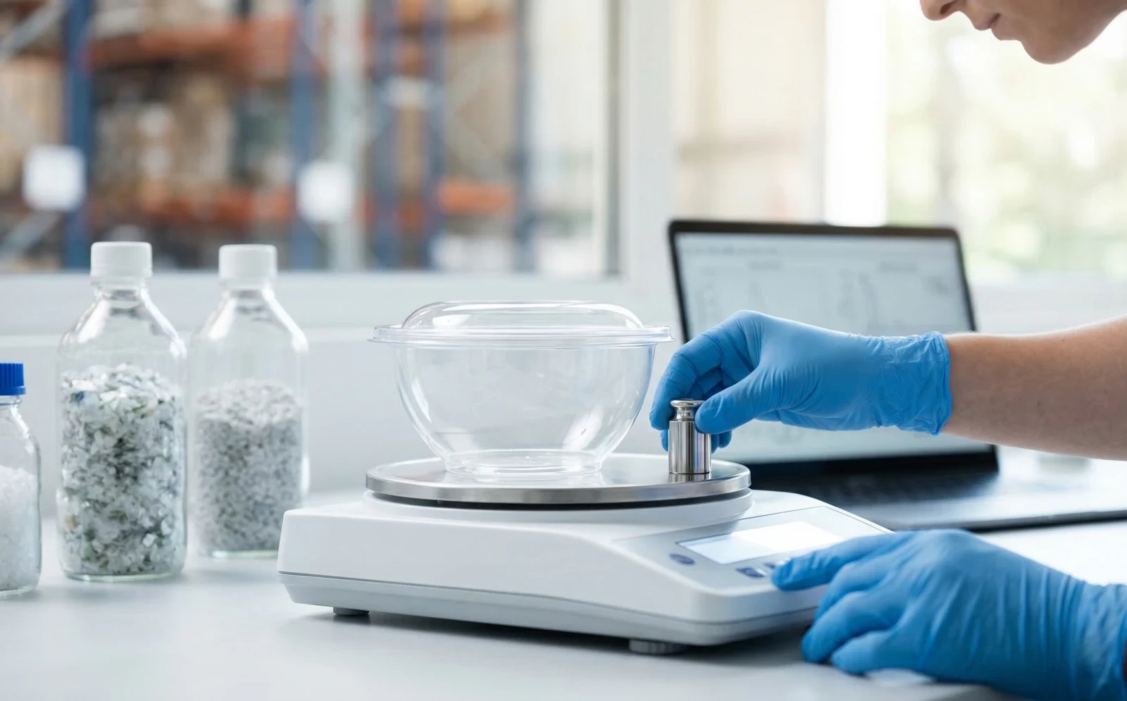 A laboratory technician weighing a clear rPET bowl on a digital scale to verify recycled content percentage.