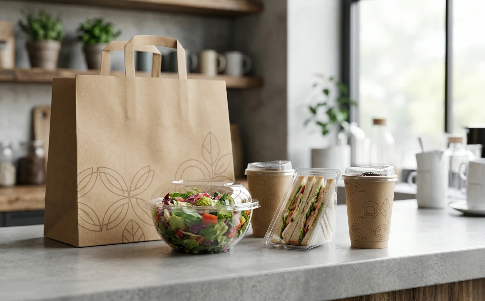 A collection of rPET containers and paper bags on a counter, showing one-stop procurement diversity.