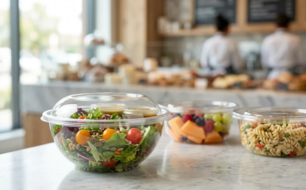 High-quality clear rPET salad bowls on a marble counter in a professional cafe setting.