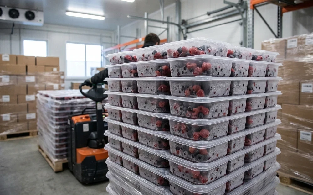Stacks of clear rPET containers filled with frozen berries in a cold-chain warehouse with a forklift in the background.