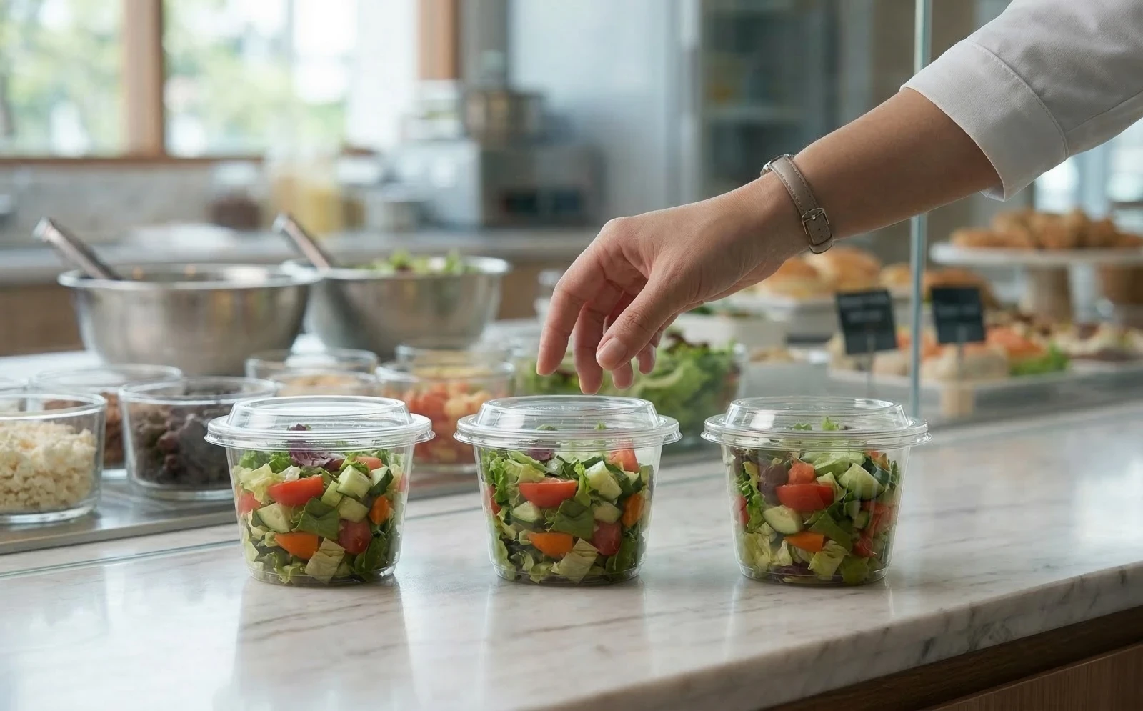 Clear rPET salad containers on a deli counter showing the visual quality of optimized recycled blend ratios.