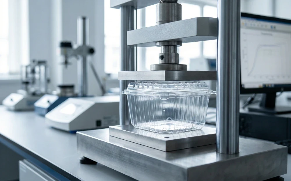 A clear rpet plastic food container undergoing a top-load compression strength test in a quality control laboratory.