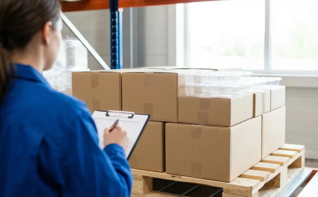 A quality inspector checking boxes of plastic containers on a pallet to verify third-party certifications.