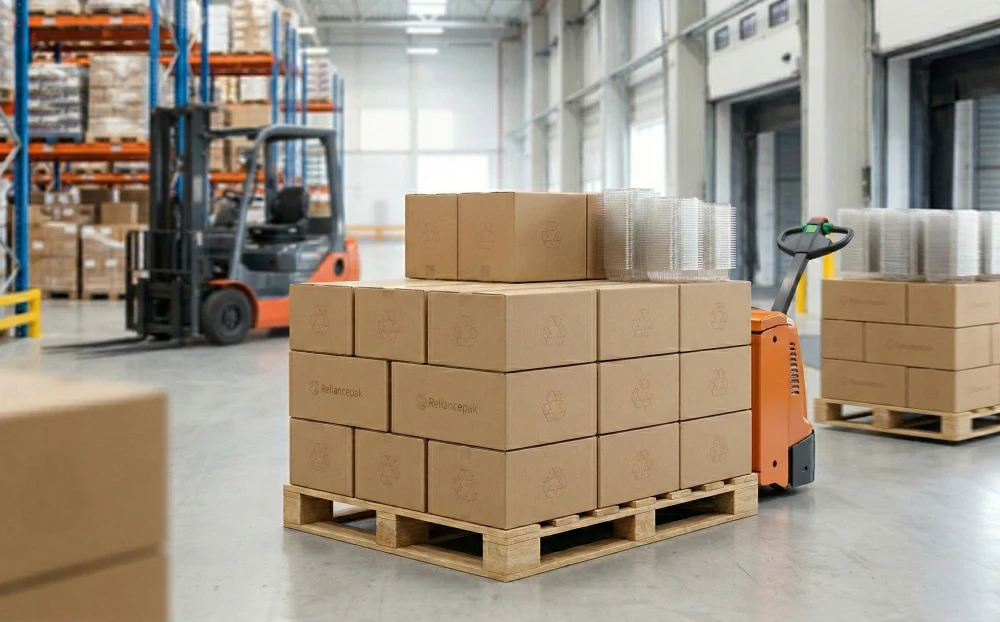 Pallets of boxed rPET containers in a professional distribution warehouse with forklifts and industrial shelving.
